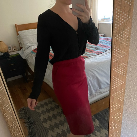 Vintage French Red Button Back Wool Pencil Skirt - Picture 4 of 10